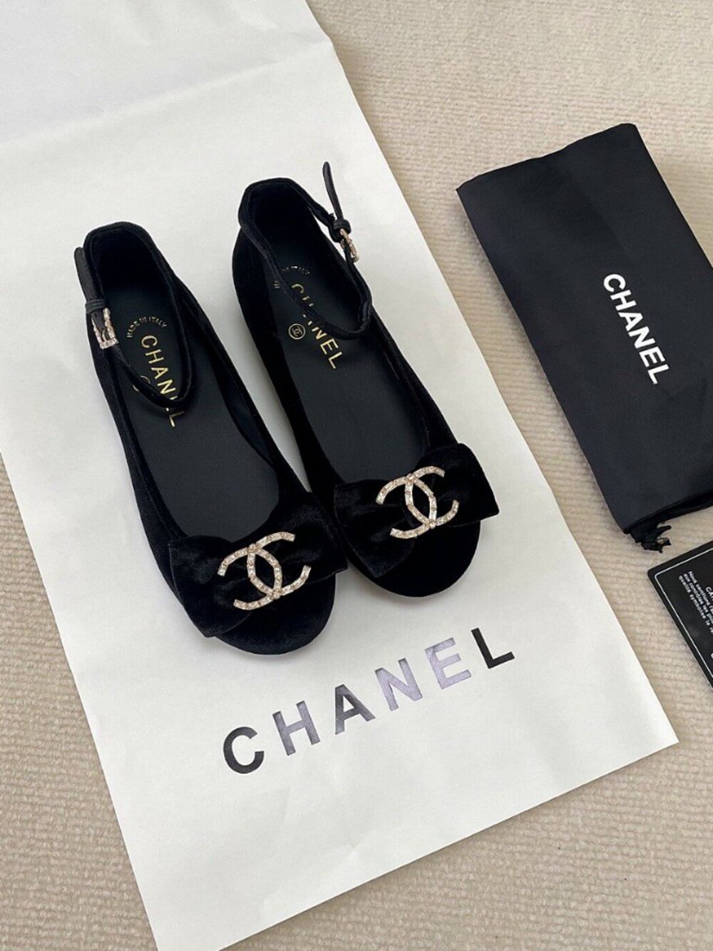 CHANEL Black Velvet Mary Jane Flats - Picture 1 of 7